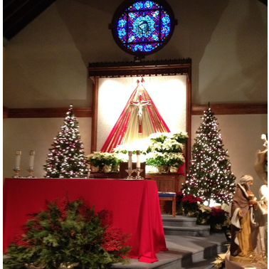 Church sanctuary decorated with Christmas trees and poinsettias
