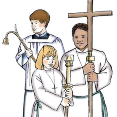 Illustration of altar servers carrying a cross and candles