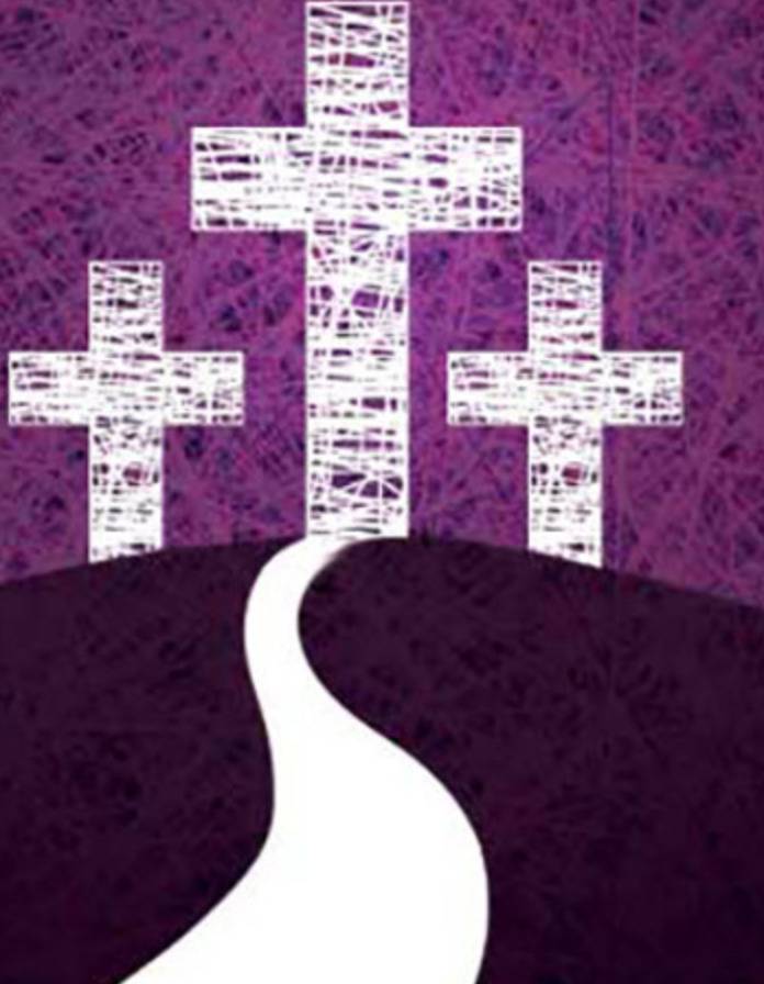 Three white crosses on a purple background
